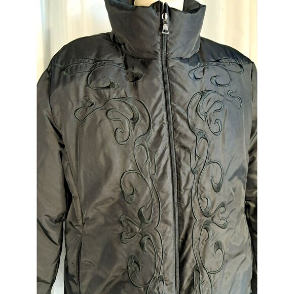 Guess Women’s Down Puffer Jacket Black Embroidered Full Zip Ski Western Large - Picture 2 of 15